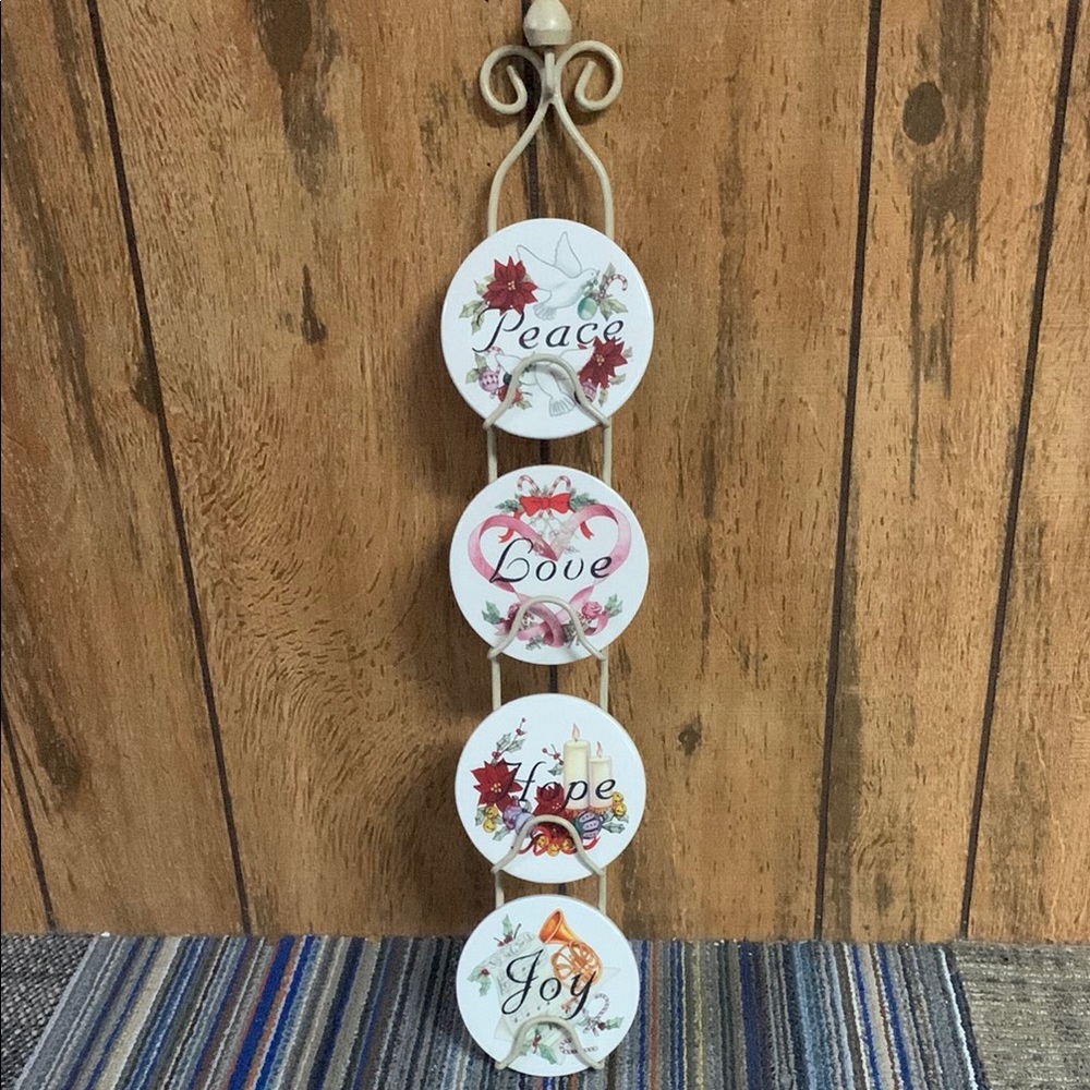 Christmas Set of 4 Ceramic Coasters w/Display Rack